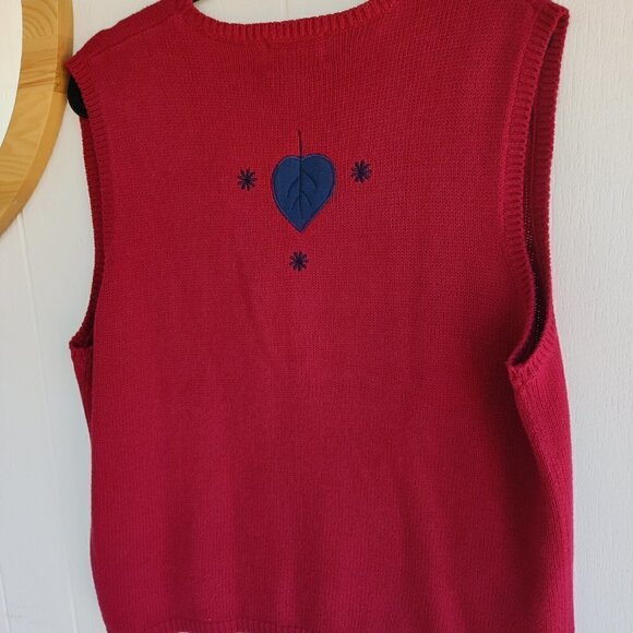 Vest, Red knit w/falling leaves and snow in blue embroidery. Christopher Banks - Picture 9 of 9